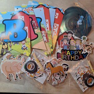 Barnyard Themed Birthday Party Decoration Kit Animals Banner Cup Cake Toppers